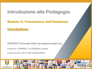 Introduzione alla Pedagogia
Modulo 5: Valutazione dell'Ambiente
Introduzione
SYNERGY Exchange (http://synergyexchange.eu/)
Created for “SYNERGY”, an ERASMUS+ project
Project Number: 2014-1-IE01-KA202_000355
 