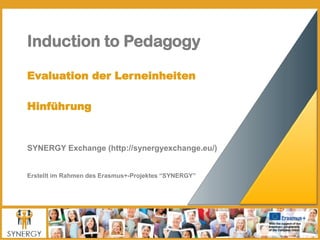 Induction to Pedagogy
Evaluation der Lerneinheiten
SYNERGY Exchange (http://synergyexchange.eu/)
Erstellt im Rahmen des Erasmus+-Projektes “SYNERGY”
Hinführung
 