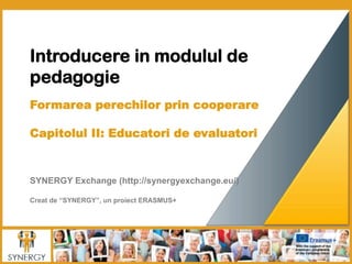  	
  
Introducere in modulul de
pedagogie
	
  
Formarea perechilor prin cooperare
 
Capitolul II: Educatori de evaluatori
	
  	
  
	
  	
  
	
  
SYNERGY Exchange (http://synergyexchange.eu/)
Creat de “SYNERGY”, un proiect ERASMUS+
 
