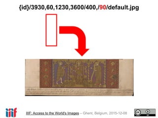 IIIF: Access to the World's Images – Ghent, Belgium, 2015-12-08
{id}/3930,60,1230,3600/400,/90/default.jpg
 