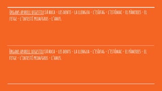 òrgansaparelldigestiu:LAboca-lesdents-lallengua-l’esòfag-l’estómac-elpàncrees-el
fetge-l’intestíprim/gros-l’anus.
òrgansaparelldigestiu:LAboca-lesdents-lallengua-l’esòfag-l’estómac-elpàncrees-el
fetge-l’intestíprim/gros-l’anus.
 