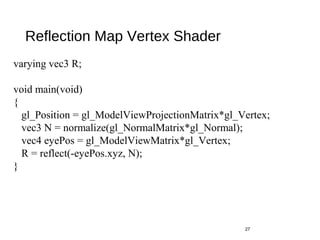 Reflection Map Vertex Shader
27
varying vec3 R;
void main(void)
{
gl_Position = gl_ModelViewProjectionMatrix*gl_Vertex;
vec3 N = normalize(gl_NormalMatrix*gl_Normal);
vec4 eyePos = gl_ModelViewMatrix*gl_Vertex;
R = reflect(-eyePos.xyz, N);
}
 