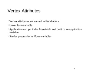 Vertex Attributes
• Vertex attributes are named in the shaders
• Linker forms a table
• Application can get index from table and tie it to an application
variable
• Similar process for uniform variables
9
 