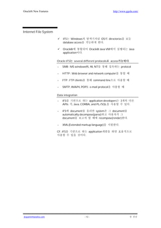 Oracle8i New Features                                                     http://www.ggola.com/




Internet File System

                            iFS Windows                       OS    directories
                            database access                    .

                            Oracle8i                 Oracle8i Java VM                      Java
                            application     .


                        Oracle iFS    several different protocols       access             .

                        -   SMB : MS windows95, 98, NT                               protocol

                        -   HTTP : Web browser and network computer

                        -   FTP : FTP clients            command line

                        -   SMTP, IMAP4, POP3 : e-mail protocol

                        Data integration

                        -   iFS                   application developers             3
                            APIs     , Java, CORBA, and PL/SQL                             .

                        -   iFS document             system       document
                            automatically decompose(parse)
                            document                    recompose(render)  .

                        -   XML(Extended markup language)                        .

                        CF. iFS                     application
                                                .




jkspark@hanafos.com                             - 12 -
 