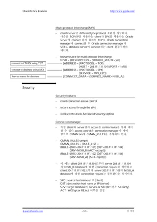 Oracle8i New Features                                                    http://www.ggola.com/




                                 Multi protocol interchange(MPI)

                                 -   client/server different type protocol               .
                                              TCP/IP             client SPX             Oracle
                                     server connect                 TCP Oracle connection
                                     manager connect          Oracle connection manager
                                     SPX      database server connect      client
                                            .

                                 -   tnsnames.ora for multi protocol interchange
                                     NIS8I = (DESCRIPTION = (SOURCE_ROUTE=yes)
connect to CMAN using TCP              (ADDRESS = (PROTOCOL = TCP)
                                                    (HOST = 203.111.111.104) (PORT = 1610))
connect to database using SPX          (ADDRESS = (PROTOCOL = SPX)
                                                    (SERVICE = MPI_LST))
Service name for database              (CONNECT_DATA = (SERVICE_NAME=NIS8I_A))



         Security

                                 Security features
                                 -   client connection access control

                                 -   secure access through the Web

                                 -   works with Oracle Advanced Security Option

                                 Connection manager

                                 -        client   server      access control rules
                                               . access control connection manager
                                             CMAN.ora CMAN_RULES                               .

                                 -   CMAN_RULES sample
                                     CMAN_RULES = (RULE_LIST =
                                     (RULE=(SRC=204.111.111.101) (DST=203.111.111.104)
                                           (SRV=NIS8I_B) (ACT=accept))
                                     (RULE=(SRC=204.111.111.102) (DST=203.111.111.106)
                                           (SRV=NIS8I_A) (ACT=reject)) )

                                 -             client 204.111.111.101        server 203.111.111.104
                                         NIS8I_B database            connection request
                                     client 204.111.111.102         server 203.111.111.106 NIS8I_A
                                     database           connection request                          .

                                 -   SRC : source host name or IP (client)
                                     DST : destination host name or IP (server)
                                     SRV : target database service or SID (8i           SID only)
                                     ACT : ACCept or REJect




          jkspark@hanafos.com                           - 145 -
 
