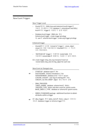 Oracle8i New Features                                                     http://www.ggola.com/




New Event Triggers

                        New Trigger Level

                        -   Oracle7        DML(row and statement level) trigger
                                                   database schema(user and DDL)
                            level       trigger                        .

                        -   Database level trigger : DBA role
                            Schema level trigger : create trigger privilege
                               user schema level trigger : create any trigger privilege


                        Enhanced trigger

                        -   Oracle8                ‘instead of’ trigger   views, object
                            views                             Oracle8i
                                            .

                        -   ‘INSTEAD OF’ trigger                  nested table
                                    nested table                                          .

                        EX. create trigger emp_nest_trg instead of insert on
                             nested table emp_nest of emp_object for each row
                             …….

                        New Event & Changed view

                        -   STARTUP : database open fire
                            SHUTDOWN : instance shutdown fire
                            SERVERERROR : database error         occurs
                            LOGON, LOGOFF : user log on and log off fire
                            CREATE, ALTER, DROP : object

                        -   DBA_TRIGGERS
                            TABLE_NAME : database, schema level NULL
                            TRIGGER_TYPE : before and after event for system events
                            BASE_OBJECT_TYPE : database or schema for system events

                        -   DBMS_STANDARD package : additional functions to obtain
                            attributes within a trigger

                        CF. dba_triggers      table_name NULL value
                               database trigger or schema trigger .




jkspark@hanafos.com                             - 148 -
 