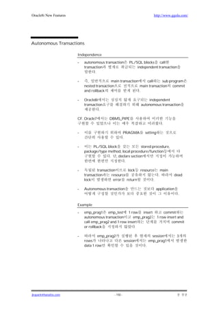 Oracle8i New Features                                                    http://www.ggola.com/




Autonomous Transactions

                        Independence

                        -   autonomous transaction        PL/SQL blocks call
                            transaction                       independent transaction
                                   .

                        -     ,              main transaction     call     sub program
                            nested transaction                main transaction commit
                            and rollback                      .

                        -   Oracle8i                                  independent
                            transaction                          autonomous transaction
                                     .

                        CF. Oracle7       DBMS_PIPE
                                                                                  .

                        -                              PRAGMA      setting
                                                       .

                        -        PL/SQL block               stored procedure,
                            package/type method, local procedure/function
                                          . , declare section
                                                   .

                        -           transaction       lock resource              main
                            transaction      resource                        .          dead
                            lock              error return         .

                        -   Autonomous transaction                        application
                                                                                         .


                        Example

                        -   emp_prag1 emp_test 1 row         insert              commit
                            autonomous transaction      emp_prag2            1 row insert and
                            call emp_prag2 and 1 row insert                           commit
                            or rollback

                        -           emp_prag2                            session         3
                            rows                       session         emp_prag1
                            data 1 row                             .




jkspark@hanafos.com                          - 150 -
 