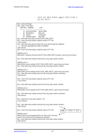 Oracle8i New Features                                                         http://www.ggola.com/




                              -                  FK                 data
                                                      .

    SQL> conn scott/tiger
    SQL> select * from dept ;
         DEPTNO DNAME                           LOC
        ---------- -------------- --------------------------
              10 ACCOUNTING NEW YORK
              20 RESEARCH                     DALLAS
              30 SALES                        CHICAGO
              40 OPERATIONS                   BOSTON
    SQL> alter table emp drop constraint XFK_EMP_DEPT ;
    SQL> insert into emp (empno, deptno) values (7777, 50) ;
    1 row created.
    SQL> alter table emp add constraint xfk_emp_dept foreign key (deptno)
       2 references dept(deptno) enable novalidate ;
    Table altered.
    SQL> insert into emp (empno, deptno) values (7777, 50) ;
    *
    ERROR at line 1:
    ORA-02291: integrity constraint (SCOTT.XFK_EMP_DEPT) violated - parent key not found

    SQL> alter table emp modify constraint xfk_emp_dept enable validate ;
    *
    ERROR at line 1:
    ORA-02298: cannot validate (SCOTT.XFK_EMP_DEPT) - parent keys not found
    SQL> alter table emp modify constraint xfk_emp_dept disable validate ;
    *
    ERROR at line 1:
    ORA-02298: cannot validate (SCOTT.XFK_EMP_DEPT) - parent keys not found
    SQL> alter table emp modify constraint xfk_emp_dept disable novalidate ;
    Table altered.

    SQL> insert into emp (empno, deptno) values (7777, 50) ;
    1 row created.

    SQL> alter table emp modify constraint xfk_emp_dept enable validate ;
    *
    ERROR at line 1:
    ORA-02298: cannot validate (SCOTT.XFK_EMP_DEPT) - parent keys not found

    SQL> alter table emp modify constraint xfk_emp_dept enable novalidate ;
    Table altered.

    SQL> delete from emp where deptno = 50 ;
    2 rows deleted.

    SQL> alter table emp modify constraint xfk_emp_dept disable validate ;
    Table altered.

    SQL> insert into emp (empno, deptno) values (7777, 50) ;        DML                      .
    *
    ERROR at line 1:
    ORA-25128: No insert/update/delete on table with constraint
    (SCOTT.XFK_EMP_DEPT) disabled and validated
    SQL> alter table emp modify constraint xfk_emp_dept enable validate ;
    Table altered.




jkspark@hanafos.com                                       - 165 -
 