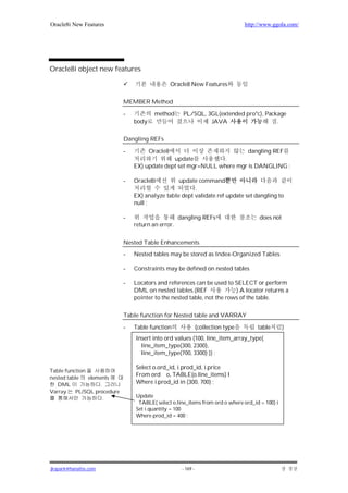 Oracle8i New Features                                                               http://www.ggola.com/




Oracle8i object new features

                                                   Oracle8 New Features


                              MEMBER Method

                              -            method      PL/SQL, 3GL(extended pro*c), Package
                                  body                          JAVA                    .

                              Dangling REFs

                              -          Oracle8                         dangling REF
                                                update           .
                                  EX) update dept set mgr=NULL where mgr is DANGLING ;

                              -   Oracle8i         update command
                                                         .
                                  EX) analyze table dept validate ref update set dangling to
                                  null ;

                              -                      dangling REFs                       does not
                                  return an error.

                              Nested Table Enhancements
                              -   Nested tables may be stored as Index-Organized Tables

                              -   Constraints may be defined on nested tables

                              -   Locators and references can be used to SELECT or perform
                                  DML on nested tables.(REF               ) A locator returns a
                                  pointer to the nested table, not the rows of the table.

                              Table function for Nested table and VARRAY

                              -   Table function                 (collection type        table      )
                                  Insert into ord values (100, line_item_array_type(
                                    line_item_type(300, 2300),
                                    line_item_type(700, 3300) )) ;

                                  Select o.ord_id, i.prod_id, i.price
Table function
nested table   elements
                                  From ord o, TABLE(o.line_items) I
   DML              .             Where i.prod_id in (300, 700) ;
Varray     PL/SQL procedure
                      .           Update
                                   TABLE( select o.line_items from ord o where ord_id = 100) i
                                  Set i.quantity = 100
                                  Where prod_id = 400 ;




jkspark@hanafos.com                                    - 169 -
 