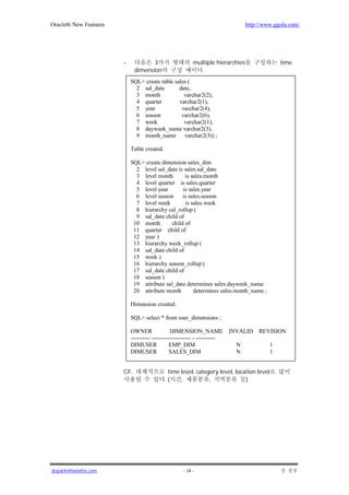 Oracle8i New Features                                                           http://www.ggola.com/




                        -            3                   multiple hierarchies                time
                              dimension                     .
                            SQL> create table sales (
                              2 sal_date        date,
                              3 month             varchar2(2),
                              4 quarter         varchar2(1),
                              5 year             varchar2(4),
                              6 season           varchar2(6),
                              7 week              varchar2(1),
                              8 dayweek_name varchar2(3),
                              9 month_name varchar2(3)) ;

                            Table created.

                            SQL> create dimension sales_dim
                              2 level sal_date is sales.sal_date
                              3 level month        is sales.month
                              4 level quarter is sales.quarter
                              5 level year        is sales.year
                              6 level season      is sales.season
                              7 level week         is sales.week
                              8 hierarchy cal_rollup (
                              9 sal_date child of
                             10 month        child of
                             11 quarter child of
                             12 year )
                             13 hierarchy week_rollup (
                             14 sal_date child of
                             15 week )
                             16 hierarchy season_rollup (
                             17 sal_date child of
                             18 season )
                             19 attribute sal_date determines sales.dayweek_name
                             20 attribute month        determines sales.month_name ;

                            Dimension created.

                            SQL> select * from user_dimensions ;

                            OWNER               DIMENSION_NAME INVALID REVISION
                            ---------- -------------------- - ----------
                            DIMUSER             EMP_DIM                  N 1
                            DIMUSER             SALES_DIM                N 1


                        CF.                   time level, category level, location level
                                             .(    ,           ,              )




jkspark@hanafos.com                                 - 34 -
 