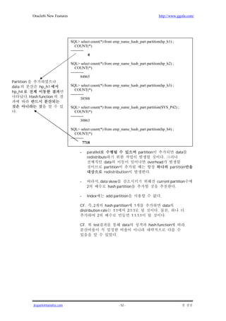 Oracle8i New Features                                                             http://www.ggola.com/




                                       SQL> select count(*) from emp_name_hash_part partition(hp_h1) ;
                                          COUNT(*)
                                       ----------
                                                  0

                                       SQL> select count(*) from emp_name_hash_part partition(hp_h2) ;
                                          COUNT(*)
                                       ----------
                                              84865
Partition
data               hp_h1               SQL> select count(*) from emp_name_hash_part partition(hp_h3) ;
                                          COUNT(*)
hp_h4
                                       ----------
            . Hash function                   38588

                                       SQL> select count(*) from emp_name_hash_part partition(SYS_P42) ;
  .                                       COUNT(*)
                                       ----------
                                              30863

                                       SQL> select count(*) from emp_name_hash_part partition(hp_h4) ;
                                          COUNT(*)
                                       ----------
                                                7718

                                            -     parallel                       partition                     data
                                                  redistribute                                       .
                                                            data                      overhead
                                                            partition                                       partition
                                                            redistribution             .

                                            -             , data skew                        current partition
                                                  2             hash partition                         .

                                            -     Index       add partition                      .

                                            CF. , 2        hash partition     1                      data
                                            distribution rate 1:1        2:1:1               .          ,
                                                       2                    1:1:1:1                   .

                                            CF.       test                data         hash function

                                                                    .




               jkspark@hanafos.com                                      - 52 -
 