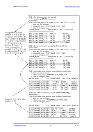 Oracle8i New Features                                                            http://www.ggola.com/




                                    SQL> alter table emp_name_hash_part add
                                       2 partition hp_h5 tablespace ts_emp5 ;
                                    Table altered.
                                    SQL> select table_name, PARTITION_NAME, TABLESPACE_NAME
                                       2 from user_tab_partitions
                                       3 where table_name = 'EMP_NAME_HASH_PART'
                                       4 order by tablespace_name ;
                                    TABLE_NAME                           PARTITION_NAME TABLESPACE
                                    -------------------- --------------- ----------
Hash partition     hp_h5            EMP_NAME_HASH_PART                      SYS_P42     TOOLS
partition                           EMP_NAME_HASH_PART                      HP_H1       TS_EMP1
   coalesce command                 EMP_NAME_HASH_PART                      HP_H2       TS_EMP2
hp_h5 partition                     EMP_NAME_HASH_PART                      HP_H3       TS_EMP2
            . , hash function       EMP_NAME_HASH_PART                      HP_H4       TS_EMP4
          dissolution               EMP_NAME_HASH_PART                      HP_H5       TS_EMP5
partition     hp_h5
                                    SQL> alter table emp_name_hash_part coalesce partition ;
hp_h2 index partition               Table altered.
unusable                   data     SQL> select table_name, PARTITION_NAME, TABLESPACE_NAME
   redistribution     hp_h2            2 from user_tab_partitions
                         .             3 where table_name = 'EMP_NAME_HASH_PART'
                                       4 order by tablespace_name ;
                                    TABLE_NAME                           PARTITION_NAME TABLESPACE
                                    -------------------- --------------- ----------
                                    EMP_NAME_HASH_PART                      SYS_P42     TOOLS
                                    EMP_NAME_HASH_PART                      HP_H1       TS_EMP1
                                    EMP_NAME_HASH_PART                      HP_H2       TS_EMP2
                                    EMP_NAME_HASH_PART                      HP_H3       TS_EMP2
                                    EMP_NAME_HASH_PART                      HP_H4       TS_EMP4

                                    SQL> select index_name, partition_name, tablespace_name, status
                                       2 from user_ind_partitions
                                       3 where index_name = 'XAKEMPNAME_HASH_HDT'
                                       4 order by tablespace_name ;
                                    INDEX_NAME                       PARTITION_NAME TABLESPACE STATUS
                                    ------------------------------ --------------- ---------- --------
                                    XAKEMPNAME_HASH_HDT                          SYS_P42          TOOLS    USABLE
                                    XAKEMPNAME_HASH_HDT                          HP_H1            TS_EMP1  USABLE
                                    XAKEMPNAME_HASH_HDT                          HP_H2 TS_EMP2            UNUSABLE
                                    XAKEMPNAME_HASH_HDT                          HP_H3            TS_EMP2  USABLE
                                    XAKEMPNAME_HASH_HDT                          HP_H4            TS_EMP4  USABLE

                                    SQL> alter index xakempname_hash_hdt rebuild partition hp_h2 ;
                                    Index altered.
                                    SQL> select index_name, partition_name, tablespace_name, status
                                      2 from user_ind_partitions
Rebuild          hp_h2 index          3 where index_name = 'XAKEMPNAME_HASH_HDT'
partition                             4 order by tablespace_name ;

                                    INDEX_NAME                       PARTITION_NAME TABLESPACE STATUS
                                    ------------------------------ --------------- ---------- --------
                                    XAKEMPNAME_HASH_HDT SYS_P42                                TOOLS    USABLE
                                    XAKEMPNAME_HASH_HDT HP_H1                                  TS_EMP1  USABLE
                                    XAKEMPNAME_HASH_HDT HP_H2                                  TS_EMP2  USABLE
                                    XAKEMPNAME_HASH_HDT HP_H3                                  TS_EMP2  USABLE
                                    XAKEMPNAME_HASH_HDT HP_H4                                   TS_EMP4  USABLE




            jkspark@hanafos.com                                    - 56 -
 