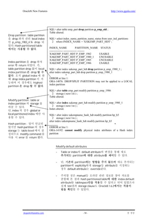 Oracle8i New Features                                                           http://www.ggola.com/




                                     SQL> alter table emp_part drop partition p_emp_old ;
                                     Table altered.
Drop partition : table partition
   drop              local index     SQL> select index_name, partition_name, status from user_ind_partitions
   p_emp_1983_4        drop            2 where INDEX_NAME = 'XAKEMP_PART_HDT' ;
    . Hash partitioned table
                                     INDEX_NAME                   PARTITION_NAME   STATUS
                         .
                                     --------------- --------------- --------
                                     XAKEMP_PART_HDT P_EMP_1982                    USABLE
                                     XAKEMP_PART_HDT P_EMP_1980_1                  UNUSABLE
                                     XAKEMP_PART_HDT P_EMP_1985                    UNUSABLE
Index partition     drop             XAKEMP_PART_HDT P_EMP_1986                    USABLE
error    return         . ,
table partition drop       local     SQL> alter index xakemp_part_hdt drop partition p_emp_1980_1 ;
index partition      drop            alter index xakemp_part_hdt drop partition p_emp_1980_1
     .       global index                            *
   drop index partition              ERROR at line 1:
                                     ORA-14076: DROP/SPLIT PARTITION may not be applied to a LOCAL
                       highest
                                     index partition
partition     drop             .
                                     SQL> alter table emp_part modify partition p_emp_1986
                                       2 storage ( next 1m ) ;
                                     Table altered.
Modify partition : table or
index partition     storage          SQL> alter index xakemp_part_hdt modify partition p_emp_1980_1
                                       2 storage ( next 1m ) ;
               .
                                     Index altered.
  , index           global or
local partitioned index              SQL> alter index xakempname_hash_hdt modify partition hp_h5
               .                        2 storage ( next 1m ) ;
                                     alter index xakempname_hash_hdt modify partition hp_h5
Hash partition :                                                                             *
        hash partition               ERROR at line 1:
storage    table level               ORA-14192: cannot modify physical index attributes of a Hash index
          modify command             partition
         error    return .


                                          Modify default attributes

                                          -    Table or index default attribute
                                                          partition      attribute                         .

                                          -      ,         partition
                                               partition explicitly          storage   attribute
                                                     default attribute      override    .

                                          -                  manual
                                                                 hash partitioned table            index default
                                               attribute    tablespace
                                                     test     storage clause Oracle8.1.6.2
                                                                       .




             jkspark@hanafos.com                                   - 58 -
 
