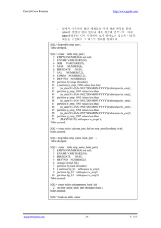 Oracle8i New Features                                                          http://www.ggola.com/




                             -
                                  table
                                  table
                                                                                  .
                        SQL> drop table emp_part ;
                        Table dropped.

                        SQL> create table emp_part (
                          2 EMPNO NUMBER(4) not null,
                          3 ENAME VARCHAR2(10),
                          4 JOB VARCHAR2(9),
                          5 MGR NUMBER(4),
                          6 HIREDATE          DATE,
                          7 SAL NUMBER(7,2),
                          8 COMM NUMBER(7,2),
                          9 DEPTNO NUMBER(2))
                         10 partition by range (hiredate)
                         11 ( partition p_emp_1980 values less than
                         12     (to_date('01-JAN-1981','DD-MON-YYYY')) tablespace ts_emp1,
                         13 partition p_emp_1981 values less than
                         14     (to_date('01-JAN-1982','DD-MON-YYYY')) tablespace ts_emp2,
                         15 partition p_emp_1982 values less than
                         16     (to_date('01-JAN-1983','DD-MON-YYYY')) tablespace ts_emp3,
                         17 partition p_emp_1983 values less than
                         18     (to_date('01-JAN-1984','DD-MON-YYYY')) tablespace ts_emp4,
                         19 partition p_emp_1984 values less than
                         20     (to_date('01-JAN-1985','DD-MON-YYYY')) tablespace ts_emp5,
                         21 partition p_emp_1985 values less than
                         22     (MAXVALUE) tablespace ts_emp6 ) ;
                        Table created.

                        SQL> create index xakemp_part_hdt on emp_part (hiredate) local ;
                        Index created.

                        SQL> drop table emp_name_hash_part     ;
                        Table dropped.

                        SQL> create table emp_name_hash_part (
                          2 EMPNO NUMBER(4) not null,
                          3 ENAME VARCHAR2(10),
                          4 HIREDATE          DATE,
                          5 DEPTNO NUMBER(2))
                          6 storage (initial 32k)
                          7 partition by hash (hiredate)
                          8 ( partition hp_h1 tablespace ts_emp1,
                          9 partition hp_h2 tablespace ts_emp2,
                         10 partition hp_h3 tablespace ts_emp3)
                        Table created.

                        SQL> create index xakempname_hash_hdt
                          2 on emp_name_hash_part (hiredate) local ;
                        Index created.

                        SQL> break on table_name




jkspark@hanafos.com                                   - 59 -
 