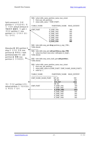 Oracle8i New Features                                                            http://www.ggola.com/




                                    SQL> select table_name, partition_name, max_extent
                                      2 from user_tab_partitions
Split command                         3 where table_name = 'EMP_PART';
partition
                                    TABLE_NAME                           PARTITION_NAME   MAX_EXTENT
           default attribute        -------------------- --------------- ----------
                  . , split         EMP_PART                        P_EMP_1981             505
        partition   new                                             P_EMP_1982             505
partition                                                           P_EMP_1983             505
             .                                                      P_EMP_1984             505
                                                                    P_EMP_1985             505
                                                                    P_EMP_1980             505
                                                                    P_EMP_1986             505

                                    SQL> alter table emp_part drop partition p_emp_1986 ;
                                    Table altered.
Maxvalue          partition
drop                 new            SQL> alter table emp_part add partition p_emp_1986
partition             hash            2 values less than ( maxvalue ) tablespace ts_emp6 ;
partitioned table    add            Table altered.
partition         new
partition              .            SQL> alter table emp_name_hash_part add partition ;
                                    Table altered.

                                    SQL> select table_name, partition_name, max_extent
                                      2 from user_tab_partitions
                                      3 where table_name in ('EMP_PART', 'EMP_NAME_HASH_PART')
                                      4 order by 1 ;

                                    TABLE_NAME                           PARTITION_NAME   MAX_EXTENT
                                    -------------------- --------------- ----------
                                    EMP_NAME_HASH_PART                      HP_H2                 505
                                                                             HP_H3                505
                                                                             SYS_P47             1024
              partition                                                      HP_H1                505
default attribute                   EMP_PART                                 P_EMP_1981            505
                                                                             P_EMP_1982            505
                    .
                                                                             P_EMP_1986           1024
                                                                             P_EMP_1980            505
                                                                             P_EMP_1985            505
                                                                             P_EMP_1983            505
                                                                             P_EMP_1984            505




             jkspark@hanafos.com                                  - 61 -
 