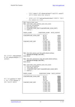Oracle8i New Features                                                                 http://www.ggola.com/




                                 -              index             default attribute      test      extent
                                                                                 .

                                 -                           hash partitioned index
                                                                  .
                           SQL> break on index_name
                           SQL> select index_name, partition_name, next_extent
                             2 from user_ind_partitions
                             3 where index_name in
                             4 ('XAKEMP_PART_HDT','XAKEMPNAME_HASH_HDT')
                             5 order by 1 ;

                           INDEX_NAME                          PARTITION_NAME NEXT_EXTENT
                           ------------------------------ --------------- -----------
                           XAKEMPNAME_HASH_HDT                            HP_H1       40960
                                                                          HP_H2       40960
                                                                          HP_H3       40960
                                                                          SYS_P47     40960
                           XAKEMP_PART_HDT                               P_EMP_1981   40960
                                                                          P_EMP_1982  40960
                                                                          P_EMP_1980  40960
                                                                          P_EMP_1985  40960
                                                                          P_EMP_1983  40960
                                                                          P_EMP_1984  40960
                                                                          P_EMP_1986  40960

                           SQL> alter index xakemp_part_hdt modify default attributes
                             2 maxtrans 10 storage ( next 5M ) ;
       index partition     Index altered.
default attribute
.                          SQL> alter index xakempname_hash_hdt modify default attributes
                             2 maxtrans 10 storage ( next 5M ) ;
                           Index altered.

                           SQL> select index_name, partition_name, next_extent
                             2 from user_ind_partitions
                             3 where index_name in
                             4 ('XAKEMP_PART_HDT','XAKEMPNAME_HASH_HDT')
                             5 order by 1 ;

                           INDEX_NAME                            PARTITION_NAME         NEXT_EXTENT
                           ------------------------------ --------------- -----------
                           XAKEMPNAME_HASH_HDT                            HP_H1                  40960
                                                                          HP_H2                  40960
  partition                                                               HP_H3                  40960
        attribute                                                         SYS_P47                40960
              .            XAKEMP_PART_HDT                               P_EMP_1981              40960
                                                                          P_EMP_1982             40960
                                                                          P_EMP_1980             40960
                                                                          P_EMP_1985             40960
                                                                          P_EMP_1983             40960
                                                                          P_EMP_1984             40960
                                                                          P_EMP_1986             40960




   jkspark@hanafos.com                                       - 62 -
 