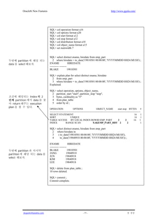 Oracle8i New Features                                                                               http://www.ggola.com/




                                    SQL> col operation format a16
                                    SQL> col options format a20
                                    SQL> col start format a12
                                    SQL> col stop format a12
                                    SQL> col distribution format a10
                                    SQL> col object_name format a15
                                    SQL> set numwidth 7


                                    SQL> select distinct ename, hiredate from emp_part
        partition                      2 where hiredate = to_date('19810501 00:00:00', 'YYYYMMDD HH24:MI:SS') ;
data    select         .            ENAME               HIREDATE
                                    ---------- --------
                                    BLAKE               19810501

                                    SQL> explain plan for select distinct ename, hiredate
                                      2 from emp_part
                                      3 where hiredate = to_date('19810501 00:00:00', 'YYYYMMDD HH24:MI:SS') ;
                                    Explained.

                                    SQL> select operation, options, object_name,
                                      2 partition_start "start", partition_stop "stop",
                    Index     2       3 bytes, cardinality as "#"
     partition          data          4 from plan_table
   return           execution         5 order by id ;
plan                  .
                                    OPERATION                    OPTIONS                      OBJECT_NAME                 start stop BYTES #
                                    ------------------------------------------------------------------------------------------------------------------
                                    SELECT STATEMENT                                                                                           16 1
                                    SORT                      UNIQUE                                                                           16 1
                                    TABLE ACCESS BY LOCAL INDEX ROWID EMP_PART                                            2        2          16 1
                                    INDEX               RANGE SCAN                        XAKEMP_PART_HDT 2                          2                1

                                    SQL> select distinct ename, hiredate from emp_part
                                      2 where hiredate in
                                      3   ( to_date('19810501 00:00:00', 'YYYYMMDD HH24:MI:SS'),
                                      4     to_date('19840918 00:00:00', 'YYYYMMDD HH24:MI:SS')) ;

                                    ENAME               HIREDATE
                                    ---------- --------
        partition                   BLAKE               19810501
partition                  data     JANG              19840918
                                    JUN               19840918
select        .
                                    KIM               19840918
                                    LEE               19840918

                                    SQL> delete from plan_table ;
                                    10 rows deleted.

                                    SQL> commit ;
                                    Commit complete.




            jkspark@hanafos.com                                              - 71 -
 