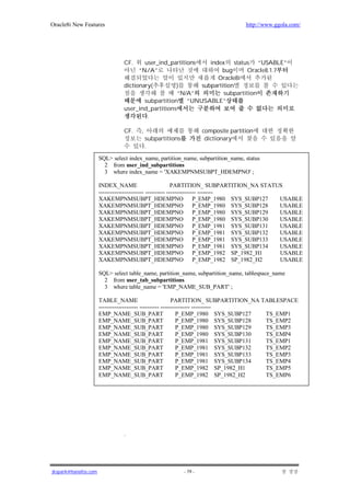 Oracle8i New Features                                                               http://www.ggola.com/




                                CF.     user_ind_partitions  index status “USABLE”
                                      “N/A”                      bug       Oracle8.1.7
                                                                Oracle8i
                                dictionary(         )     subpartition
                                                    “N/A”         subpartition
                                        subpartition “UNUSABLE”
                                user_ind_partitions
                                         .

                                CF.    ,                            composite partition
                                           subpartitions             dictionary
                                           .

                      SQL> select index_name, partition_name, subpartition_name, status
                        2 from user_ind_subpartitions
                        3 where index_name = 'XAKEMPNMSUBPT_HDEMPNO' ;

                      INDEX_NAME                           PARTITION_ SUBPARTITION_NA STATUS
                      ----------------------- ---------- --------------- --------
                      XAKEMPNMSUBPT_HDEMPNO P_EMP_1980 SYS_SUBP127                         USABLE
                      XAKEMPNMSUBPT_HDEMPNO P_EMP_1980 SYS_SUBP128                         USABLE
                      XAKEMPNMSUBPT_HDEMPNO P_EMP_1980 SYS_SUBP129                         USABLE
                      XAKEMPNMSUBPT_HDEMPNO P_EMP_1980 SYS_SUBP130                         USABLE
                      XAKEMPNMSUBPT_HDEMPNO P_EMP_1981 SYS_SUBP131                         USABLE
                      XAKEMPNMSUBPT_HDEMPNO P_EMP_1981 SYS_SUBP132                         USABLE
                      XAKEMPNMSUBPT_HDEMPNO P_EMP_1981 SYS_SUBP133                         USABLE
                      XAKEMPNMSUBPT_HDEMPNO P_EMP_1981 SYS_SUBP134                         USABLE
                      XAKEMPNMSUBPT_HDEMPNO P_EMP_1982 SP_1982_H1                          USABLE
                      XAKEMPNMSUBPT_HDEMPNO P_EMP_1982 SP_1982_H2                          USABLE

                      SQL> select table_name, partition_name, subpartition_name, tablespace_name
                        2 from user_tab_subpartitions
                        3 where table_name = 'EMP_NAME_SUB_PART' ;

                      TABLE_NAME                           PARTITION_ SUBPARTITION_NA TABLESPACE
                      -------------------- ---------- --------------- ----------
                      EMP_NAME_SUB_PART                      P_EMP_1980 SYS_SUBP127    TS_EMP1
                      EMP_NAME_SUB_PART                      P_EMP_1980 SYS_SUBP128    TS_EMP2
                      EMP_NAME_SUB_PART                      P_EMP_1980 SYS_SUBP129    TS_EMP3
                      EMP_NAME_SUB_PART                      P_EMP_1980 SYS_SUBP130    TS_EMP4
                      EMP_NAME_SUB_PART                      P_EMP_1981 SYS_SUBP131    TS_EMP1
                      EMP_NAME_SUB_PART                      P_EMP_1981 SYS_SUBP132    TS_EMP2
                      EMP_NAME_SUB_PART                      P_EMP_1981 SYS_SUBP133    TS_EMP3
                      EMP_NAME_SUB_PART                      P_EMP_1981 SYS_SUBP134    TS_EMP4
                      EMP_NAME_SUB_PART                      P_EMP_1982 SP_1982_H1     TS_EMP5
                      EMP_NAME_SUB_PART                      P_EMP_1982 SP_1982_H2     TS_EMP6




                                .




jkspark@hanafos.com                                        - 79 -
 