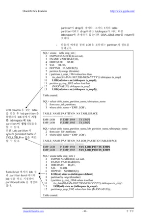 Oracle8i New Features                                                          http://www.ggola.com/




                                                  partition drop              .         ,1    table
                                                  partition     drop              tablespace
                                                  tablespace                           ORA-22868 error   return
                                                         .

                                             -                          LOB                partition
                                                          .
                                 SQL> create table emp_lob (
                                   2 EMPNO NUMBER(4) not null,
                                   3 ENAME VARCHAR2(10),
                                   4 HIREDATE         DATE,
                                   5 SAL BLOB,
                                   6 DEPTNO NUMBER(2))
                                   7 partition by range (hiredate)
                                   8 ( partition p_emp_1984 values less than
                                   9    (to_date('01-JAN-1985','DD-MON-YYYY')) tablespace ts_emp1
                                  10    LOB(sal) store as (tablespace ts_emp6),
                                  11 partition p_emp_1985 values less than
                                  12    (MAXVALUE) tablespace ts_emp2
                                  13    LOB(sal) store as (tablespace ts_emp5)) ;

                                 Table created.

                                 SQL> select table_name, partition_name, tablespace_name
                                   2 from user_tab_partitions
                                   3 where table_name = 'EMP_LOB' ;
LOB column             table
             lob partition       TABLE_NAME PARTITION_NA TABLESPACE
          lob                    ---------- ------------ ----------
   tablespace      lob           EMP_LOB             P_EMP_1984 TS_EMP1
partition                        EMP_LOB             P_EMP_1985 TS_EMP2
           .
                                 SQL> select table_name, partition_name, lob_partition_name, tablespace_name
      Lob partition                2 from user_lob_partitions
system generated name              3 where table_name = 'EMP_LOB' ;
SYS_LOB_Pnn
           .                     TABLE_NAME PARTITION_NA LOB_PARTITIO TABLESPACE
                                 ---------- ------------ ------------ ----------
                                 EMP_LOB             P_EMP_1984 SYS_LOB_P137 TS_EMP6
                                 EMP_LOB             P_EMP_1985 SYS_LOB_P138 TS_EMP5

                                 SQL> create table emp_lob2 (
                                   2 EMPNO NUMBER(4) not null,
                                   3 ENAME VARCHAR2(10),
                                   4 HIREDATE          DATE,
                                   5 SAL BLOB,
Table level         lob            6   DEPTNO NUMBER(2))
                                   7   LOB(sal) store as (tablespace default)
    partition level
                                   8 partition by range (hiredate)
lob                                9 ( partition p_emp_1984 values less than
partitioned table                 10     (to_date('01-JAN-1985','DD-MON-YYYY')) tablespace ts_emp3
     .                            11     LOB(sal) store as (tablespace ts_emp4),
                                  12 partition p_emp_1985 values less than (MAXVALUE)) ;

                                 Table created.




               jkspark@hanafos.com                                  - 82 -
 