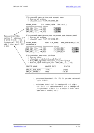 Oracle8i New Features                                                               http://www.ggola.com/




                                    SQL> select table_name, partition_name, tablespace_name
                                      2 from user_tab_partitions
                                      3 where table_name = 'EMP_OBJ_COLL_TP' ;

                                    TABLE_NAME                   PARTITION_NAME TABLESPACE
                                    --------------- --------------- ----------
                                    EMP_OBJ_COLL_TP P_8000                     TS_EMP3
                                    EMP_OBJ_COLL_TP P_9000                     TS_EMP5
                                    EMP_OBJ_COLL_TP P_7000                     TS_EMP1

Table partition lob                 SQL> select table_name, partition_name, lob_partition_name, tablespace_name
                                      2 from user_lob_partitions
partition     tablespace
                                      3 where table_name = 'EMP_OBJ_COLL_TP' ;
                     .
dependency                          TABLE_NAME                          PARTITION_NAME              LOB_PARTITION_NAME
table    object type                TABLESPACE
       .                            --------------- --------------- -------------------- ----------
                                    EMP_OBJ_COLL_TP P_7000                               SYS_LOB_P217          TS_EMP1
                                    EMP_OBJ_COLL_TP P_8000                               SYS_LOB_P218          TS_EMP3
                                    EMP_OBJ_COLL_TP P_9000                               SYS_LOB_P219          TS_EMP5

                                    SQL> select object_name, object_type, status
                                      2 from user_objects
                                      3 where object_id in ( select referenced_object_id
                                      4 from public_dependency where object_id in ( select object_id
                                      5 from user_objects where object_name = 'EMP_OBJ_COLL_TP')) ;

                                    OBJECT_NAME                          OBJECT_TYPE          STATUS
                                    -------------------- -------------------- -------
                                    EMP_VA_PHP_TYPE                      TYPE               VALID
                                    EMP_VA_PROFILE                      TYPE                VALID



                                                -    partition maintenance                      partition command
                                                                      .

                                                -    Partitioned table             tablespace              drop
                                                                      partitioned table                 tablespace
                                                          partition                      drop                  ORA-
                                                     14404 error return           .




              jkspark@hanafos.com                                         - 90 -
 