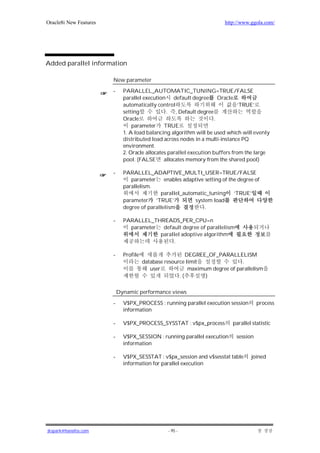 Oracle8i New Features                                                    http://www.ggola.com/




Added parallel information

                        New parameter
                        -     PARALLEL_AUTOMATIC_TUNING=TRUE/FALSE
                              parallel execution default degree Oracle
                              automatically control                             ’TRUE’
                              setting            . , Default degree
                              Oracle                                  .
                                  parameter     TRUE
                              1. A load balancing algorithm will be used which will evenly
                              distributed load across nodes in a multi-instance PQ
                              environment.
                              2. Oracle allocates parallel execution buffers from the large
                              pool. (FALSE      allocates memory from the shared pool)

                        -     PARALLEL_ADAPTIVE_MULTI_USER=TRUE/FALSE
                                 parameter     enables adaptive setting of the degree of
                              parallelism.
                                             parallel_automatic_tuning ‘TRUE’
                              parameter ‘TRUE’             system load
                              degree of parallelism             .

                        -     PARALLEL_THREADS_PER_CPU=n
                                parameter default degree of parallelism
                                          parallel adoptive algorithm
                                               .

                        -     Profile                     DEGREE_OF_PARALLELISM
                                        database resource limit                .
                                           user            maximum degree of parallelism
                                                       .(        )

                            Dynamic performance views

                        -     V$PX_PROCESS : running parallel execution session         process
                              information

                        -     V$PX_PROCESS_SYSSTAT : v$px_process           parallel statistic

                        -     V$PX_SESSION : running parallel execution       session
                              information

                        -     V$PX_SESSTAT : v$px_session and v$sesstat table       joined
                              information for parallel execution




jkspark@hanafos.com                               - 95 -
 