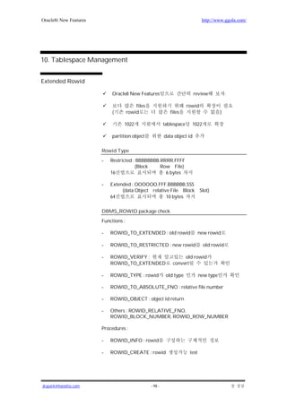 Oracle8i New Features                                                            http://www.ggola.com/




10. Tablespace Management


Extended Rowid

                            Oracle8 New Features                            review             .

                                          files                         rowid
                            (         rowid                   files                        )

                                  1022                     tablespace     1022

                            partition object               data object id

                        Rowid Type

                        -   Restricted : BBBBBBBB.RRRR.FFFF
                                        (Block    Row File)
                            16                      6 bytes

                        -   Extended : OOOOOO.FFF.BBBBBB.SSS
                                 (data Object relative File Block               Slot)
                            64                       10 bytes

                        DBMS_ROWID package check

                        Functions :

                        -   ROWID_TO_EXTENDED : old rowid                       new rowid

                        -   ROWID_TO_RESTRICTED : new rowid                       old rowid

                        -   ROWID_VERIFY :                          old rowid
                            ROWID_TO_EXTENDED                  convert

                        -   ROWID_TYPE : rowid              old type            new type

                        -   ROWID_TO_ABSOLUTE_FNO : relative file number

                        -   ROWID_OBJECT : object id return

                        -   Others : ROWID_RELATIVE_FNO,
                            ROWID_BLOCK_NUMBER, ROWID_ROW_NUMBER

                        Procedures :

                        -   ROWID_INFO : rowid

                        -   ROWID_CREATE : rowid                         test




jkspark@hanafos.com                               - 98 -
 