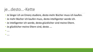 je…desto…-Kette
• Je länger ich an Emory studiere, desto mehr Bücher muss ich kaufen.
• Je mehr Bücher ich kaufen muss, desto intelligenter werde ich.
• Je intelligenter ich werde, desto glücklicher sind meine Eltern.
• Je glücklicher meine Eltern sind, desto ….
• ….
• ….
 
