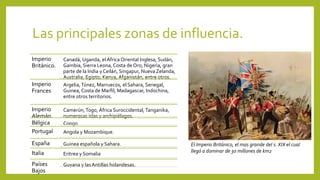 Las principales zonas de influencia.
Imperio
Británico.
Canadá, Uganda, el África Oriental Inglesa, Sudán,
Gambia, Sierra Leona, Costa de Oro, Nigeria, gran
parte de la India y Ceilán, Singapur, Nueva Zelanda,
Australia, Egipto, Kenya, Afganistán, entre otros.
Imperio
Frances
Argelia,Túnez, Marruecos, el Sahara, Senegal,
Guinea, Costa de Marfil, Madagascar, Indochina,
entre otros territorios.
Imperio
Alemán.
Camerún,Togo, África Suroccidental, Tanganika,
numerosas islas y archipiélagos.
Bélgica Congo
Portugal Angola y Mozambique.
España Guinea española y Sahara.
Italia Eritrea y Somalia
Países
Bajos
Guyana y las Antillas holandesas.
El Imperio Británico, el mas grande del s. XIX el cual
llegó a dominar de 30 millones de km2
 