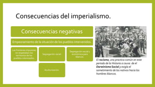 Consecuencias del imperialismo.
Consecuencias negativas
Empeoramiento de la situación de los pueblos intervenidos.
Las fronteras impuestas
no respetaban los
territorios de los
pueblos colonizados.
Segregación racial.
Aculturización.
Segregación social y
económica para
blancos.
El racismo, una practica común en este
periodo de la Historia a causa de el
Darwinismo Social y exigía el
sometimiento de los nativos hacia los
hombres blancos.
 