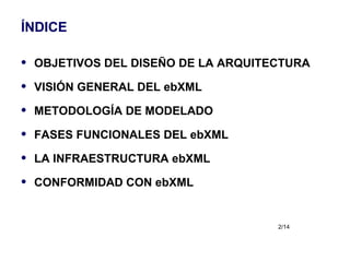 ÍNDICE OBJETIVOS DEL DISEÑO DE LA ARQUITECTURA VISIÓN GENERAL DEL ebXML METODOLOGÍA DE MODELADO FASES FUNCIONALES DEL ebXML LA INFRAESTRUCTURA ebXML CONFORMIDAD CON ebXML 