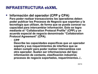 INFRAESTRUCTURA ebXML Información del operador (CPP y CPA) Para poder realizar transacciones los operadores deben poder publicar los Procesos de Negocio que soportan y la tecnología que utilizan, de forma que se pueda conocer su capacidad para intercambiar información. Esto se logra mediante el “Collaboration Protocol Profile” (CPP) y un acuerdo especial de negocio denominado “Collaboration Protocol Agreement” (CPA). CPP Describe las capacidades específicas que un operador soporta y sus requerimientos de interface que se deben cumplir para poder realizar intercambios con otro operador. Suelen ser informaciones del tipo: información de contacto, clasificación industrial, procesos de negocio soportados, requerimientos../.. 