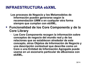 Los procesos de Negocio y los Metamodelos de Información pueden generarse según la recomendación UMM o en cualquier otra forma siempre que cumplan con ebXML. Funcionalidad de los Core Components y de la Core Library Los Core Components recogen la información sobre conceptos de negocio del mundo real y de las relaciones que se establecen alrededor de este concepto, otros Objetos de Información de Negocio y una descripción contextual que describe como un Core o una Entidad de Información Agregada puede usarse en un escenario particular de eBusiness con ebXML. INFRAESTRUCTURA ebXML 