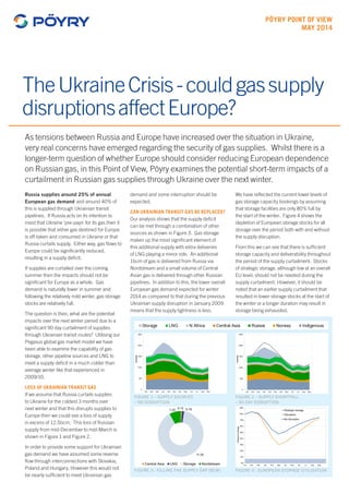 As tensions between Russia and Europe have increased over the situation in Ukraine,
very real concerns have emerged regarding the security of gas supplies. Whilst there is a
longer-term question of whether Europe should consider reducing European dependence
on Russian gas, in this Point of View, Pöyry examines the potential short-term impacts of a
curtailment in Russian gas supplies through Ukraine over the next winter.
TheUkraineCrisis-couldgassupply
disruptionsaffectEurope?
PÖYRY POINT OF VIEW
MAY 2014
Russia supplies around 25% of annual
European gas demand and around 40% of
this is supplied through Ukrainian transit
pipelines. If Russia acts on its intention to
insist that Ukraine ‘pre-pays’ for its gas then it
is possible that either gas destined for Europe
is off-taken and consumed in Ukraine or that
Russia curtails supply. Either way, gas flows to
Europe could be significantly reduced,
resulting in a supply deficit.
If supplies are curtailed over the coming
summer then the impacts should not be
significant for Europe as a whole. Gas
demand is naturally lower in summer and
following the relatively mild winter, gas storage
stocks are relatively full.
The question is then, what are the potential
impacts over the next winter period due to a
significant 90 day curtailment of supplies
through Ukrainian transit routes? Utilising our
Pegasus global gas market model we have
been able to examine the capability of gas
storage, other pipeline sources and LNG to
meet a supply deficit in a much colder than
average winter like that experienced in
2009/10.
LOSS OF UKRAINIAN TRANSIT GAS
If we assume that Russia curtails supplies
to Ukraine for the coldest 3 months over
next winter and that this disrupts supplies to
Europe then we could see a loss of supply
in excess of 12.5bcm. This loss of Russian
supply from mid-December to mid-March is
shown in Figure 1 and Figure 2.
In order to provide some support for Ukrainian
gas demand we have assumed some reverse
flow through interconnections with Slovakia,
Poland and Hungary. However this would not
be nearly sufficient to meet Ukrainian gas
demand and some interruption should be
expected.
CAN UKRAINIAN TRANSIT GAS BE REPLACED?
Our analysis shows that the supply deficit
can be met through a combination of other
sources as shown in Figure 3. Gas storage
makes up the most significant element of
this additional supply with extra deliveries
of LNG playing a minor role. An additional
1bcm of gas is delivered from Russia via
Nordstream and a small volume of Central
Asian gas is delivered through other Russian
pipelines. In addition to this, the lower overall
European gas demand expected for winter
2014 as compared to that during the previous
Ukrainian supply disruption in January 2009
means that the supply tightness is less.
We have reflected the current lower levels of
gas storage capacity bookings by assuming
that storage facilities are only 80% full by
the start of the winter. Figure 4 shows the
depletion of European storage stocks for all
storage over the period both with and without
the supply disruption.
From this we can see that there is sufficient
storage capacity and deliverability throughout
the period of the supply curtailment. Stocks
of strategic storage, although low at an overall
EU level, should not be needed during the
supply curtailment. However, it should be
noted that an earlier supply curtailment that
resulted in lower storage stocks at the start of
the winter or a longer duration may result in
storage being exhausted.
FIGURE 1 – SUPPLY SOURCES
– NO DISRUPTION
FIGURE 2 – SUPPLY SHORTFALL
– 90 DAY DISRUPTION
FIGURE 3 - FILLING THE SUPPLY GAP (BCM) FIGURE 4 - EUROPEAN STORAGE UTILISATION
 