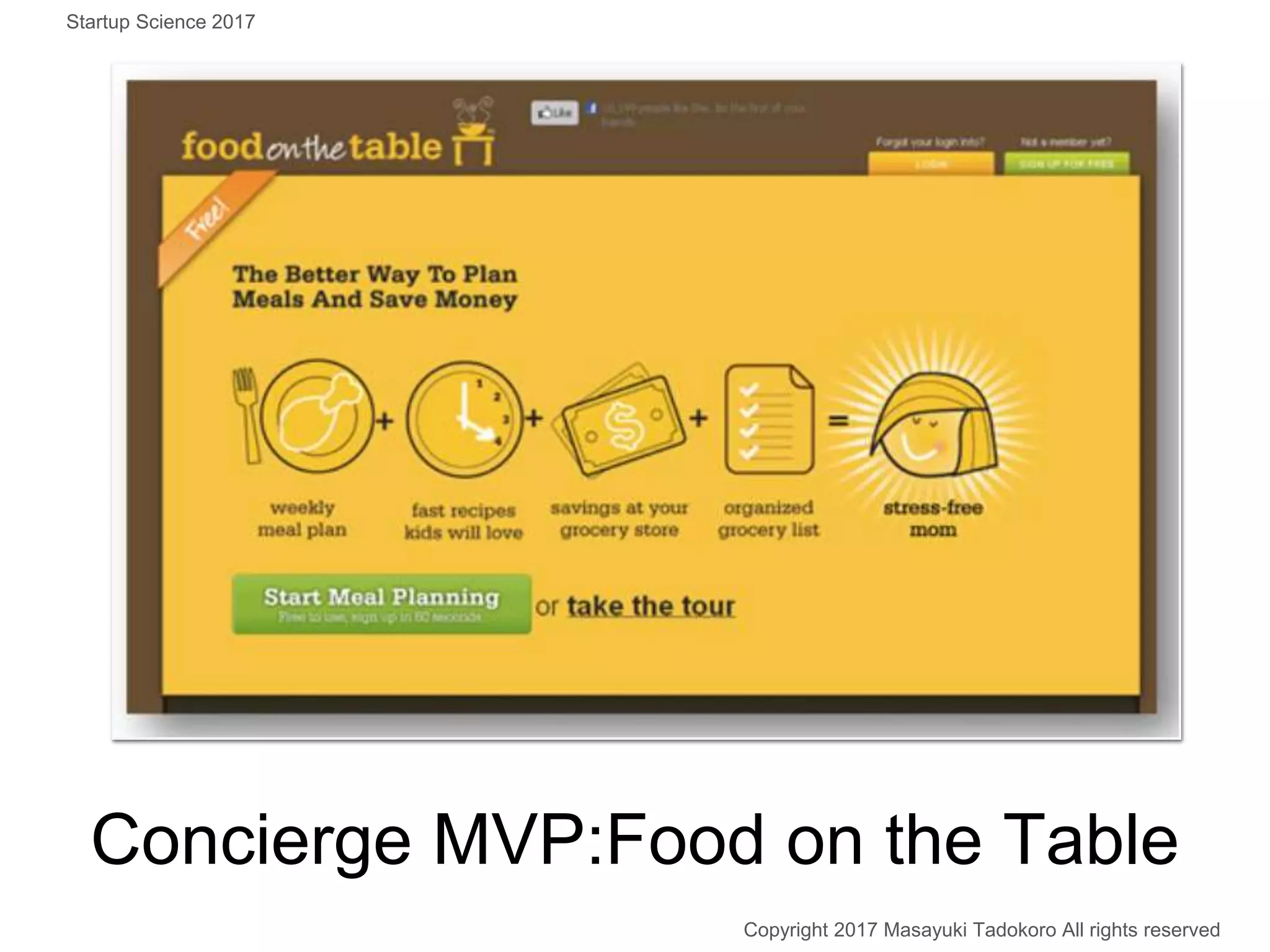 Concierge MVP:Food on the Table
Copyright 2017 Masayuki Tadokoro All rights reserved
Startup Science 2017
 