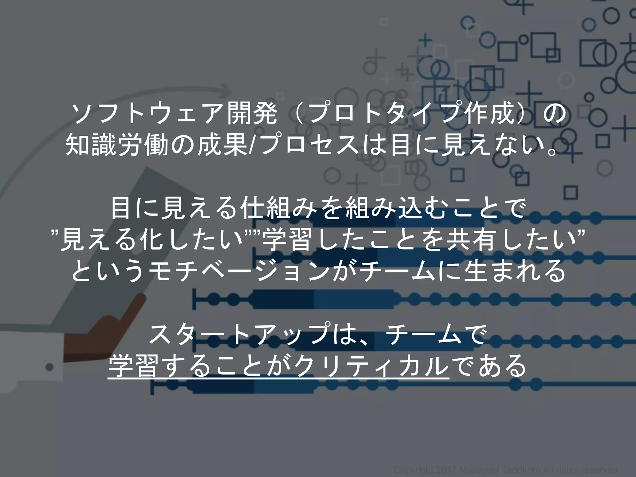 ソフトウェア開発（プロトタイプ作成）の
知識労働の成果/プロセスは目に見えない。
目に見える仕組みを組み込むことで
”見える化したい””学習したことを共有したい”
というモチベージョンがチームに生まれる
スタートアップは、チームで
学習することがクリティカルである
Copyright 2017 Masayuki Tadokoro All rights reserved
 