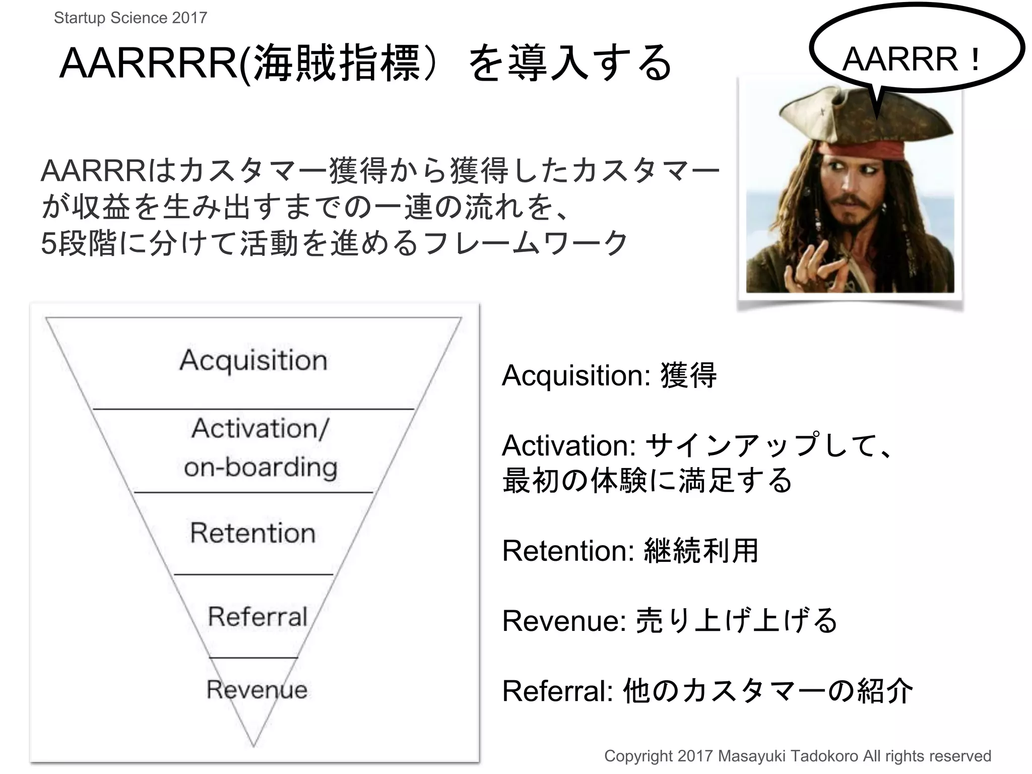 AARRRR(海賊指標）を導入する
Acquisition: 獲得
Activation: サインアップして、
最初の体験に満足する
Retention: 継続利用
Revenue: 売り上げ上げる
Referral: 他のカスタマーの紹介
AARRRはカスタマー獲得から獲得したカスタマー
が収益を生み出すまでの一連の流れを、
5段階に分けて活動を進めるフレームワーク
Copyright 2017 Masayuki Tadokoro All rights reserved
AARRR！
Startup Science 2017
 