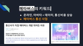 메타버스의 키워드
● 온라인, 아바타 = 데이터, 통신비용 상승
● 메타버스 통신 사업
 