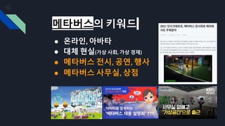메타버스의 키워드
● 온라인, 아바타
● 대체 현실(가상 사회, 가상 경제)
● 메타버스 전시, 공연, 행사
● 메타버스 사무실, 상점
 