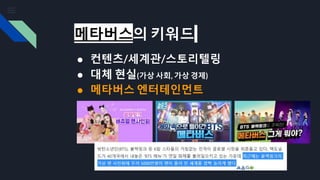 메타버스의 키워드
● 컨텐츠/세계관/스토리텔링
● 대체 현실(가상 사회, 가상 경제)
● 메타버스 엔터테인먼트
 