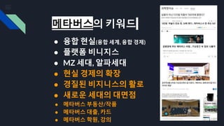 메타버스의 키워드
● 융합 현실(융합 세계, 융합 경제)
● 플랫폼 비니지스
● MZ 세대, 알파세대
● 현실 경제의 확장
● 경질된 비지니스의 활로
● 새로운 세대의 대면점
● 메타버스 부동산/작품
● 메타버스 대출, 카드
● 메타버스 학원, 강의
 