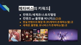 메타버스의 키워드
● 컨텐츠/세계관/스토리텔링
● 컨텐츠 or 플랫폼 비니지스(2.0)
● 현실 컨텐츠의 확장 즉 (부)캐릭터 존재하는(할) 곳
● 세계관, 플랫폼, 유니버스가 존재하는(할) 곳
 