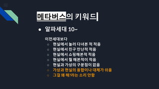 메타버스의 키워드
● 알파세대 10~
이전세대보다
○ 현실에서 놀러 다녀본 적 적음
○ 현실에서 친구 만난적 적음
○ 현실에서 쇼핑해본적 적음
○ 현실에서 뭘 해본적이 적음
○ 현실과 가상의 구분점이 없음
○ 가상과 현실의 융합이나 대체가 쉬움
○ 그걸 왜 해?라는 소리 안함
 