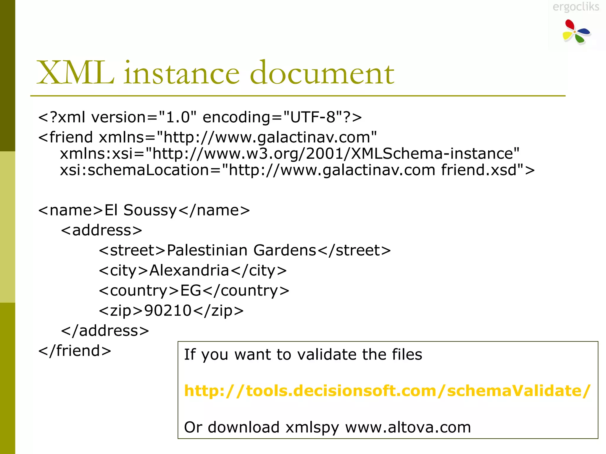 XML instance document <?xml version="1.0" encoding="UTF-8"?> <friend xmlns="http://www.galactinav.com" xmlns:xsi="http://www.w3.org/2001/XMLSchema-instance" xsi:schemaLocation="http://www.galactinav.com friend.xsd"> <name>El Soussy</name> <address> <street>Palestinian Gardens</street> <city>Alexandria</city> <country>EG</country> <zip>90210</zip> </address> </friend> If you want to validate the files http://tools.decisionsoft.com/schemaValidate / Or download xmlspy www.altova.com 