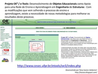 Projeto OE³ / e-Tools: Desenvolvimento de Objetos Educacionais como Apoio para uma Rede de Ensino e Aprendizagem em Engenharia de Estruturas - Com as modificações que vem sofrendo o processo de ensino e aprendizagem, existe a necessidade de novas metodologias para melhorar os resultados deste processo. http://www.cesec.ufpr.br/etools/oe3/index.php