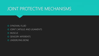 JOINT PROTECTIVE MECHANISMS
 SYNOVIAL FLUID
 JOINT CAPSULE AND LIGAMENTS
 MUSCLE
 SENSORY AFFERENTS
 UNDERLYING BONE
 
