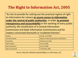The Right to Information Act, 2005 
“An Act to provide for setting out the practical regime of right 
to information for citizens to secure access to information 
under the control of public authorities, in order to promote 
transparency and accountability in the working of every public 
authority, the constitution of a Central Information 
Commission and State Information Commissions and for 
matters connected therewith or incidental thereto”. 
Citation Act No. 22 of 2005 
Territorial extent Whole of India except Jammu and Kashmir 
Enacted by Parliament of India 
Date enacted 15-June-2005 
Date assented to 22-June-2005 
Date commenced 13-October-2005 
Source: http://en.wikipedia.org/wiki/Right_to_Information_Act 
 
