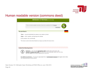 Human readable version (commons deed)
Page 40
Open Access 101 | Michaela Voigt | Workshop at IPODI Office on June 15th 2015
 