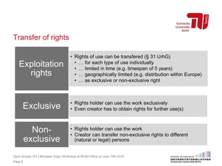 Transfer of rights
Page 6
• Rights of use can be transfered (§ 31 UrhG)
• … for each type of use individually
• … limited in time (e.g. timespan of 5 years)
• … geographically limited (e.g. distribution within Europe)
• … as exclusive or non-exclusive right
Exploitation
rights
• Rights holder can use the work exclusively
• Even creator has to obtain rights for further use(s)Exclusive
• Rights holder can use the work
• Creator can transfer non-exclusive rights to different
(natural or legal) persons
Non-
exclusive
Open Access 101 | Michaela Voigt | Workshop at IPODI Office on June 15th 2015
 