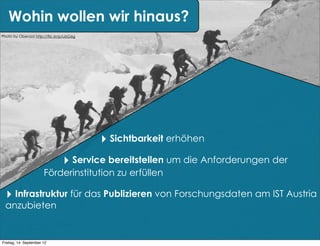 Wohin wollen wir hinaus?
Photo by Oberazzi http://flic.kr/p/ubG6g




                                           ‣ Sichtbarkeit erhöhen
                                 ‣ Service bereitstellen um die Anforderungen der
                       Förderinstitution zu erfüllen

  ‣ Infrastruktur für das Publizieren von Forschungsdaten am IST Austria
  anzubieten


Freitag, 14. September 12
 