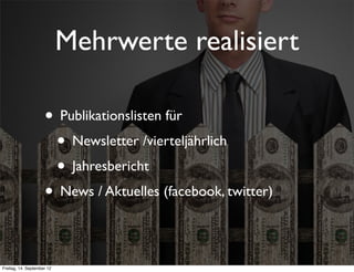 Mehrwerte realisiert

                     • Publikationslisten für
                      • Newsletter /vierteljährlich
                      • Jahresbericht
                     • News / Aktuelles (facebook, twitter)

Freitag, 14. September 12
 